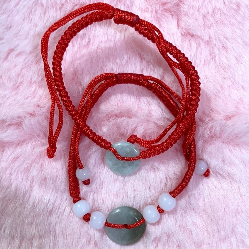 2 Elegant Red and Green Beaded Lucky Coin Jade Bracelet Set
